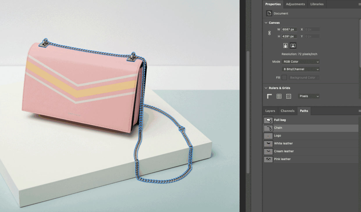 Photoshop Paths panel showing logically named component paths in a delivered multi-clipping file.