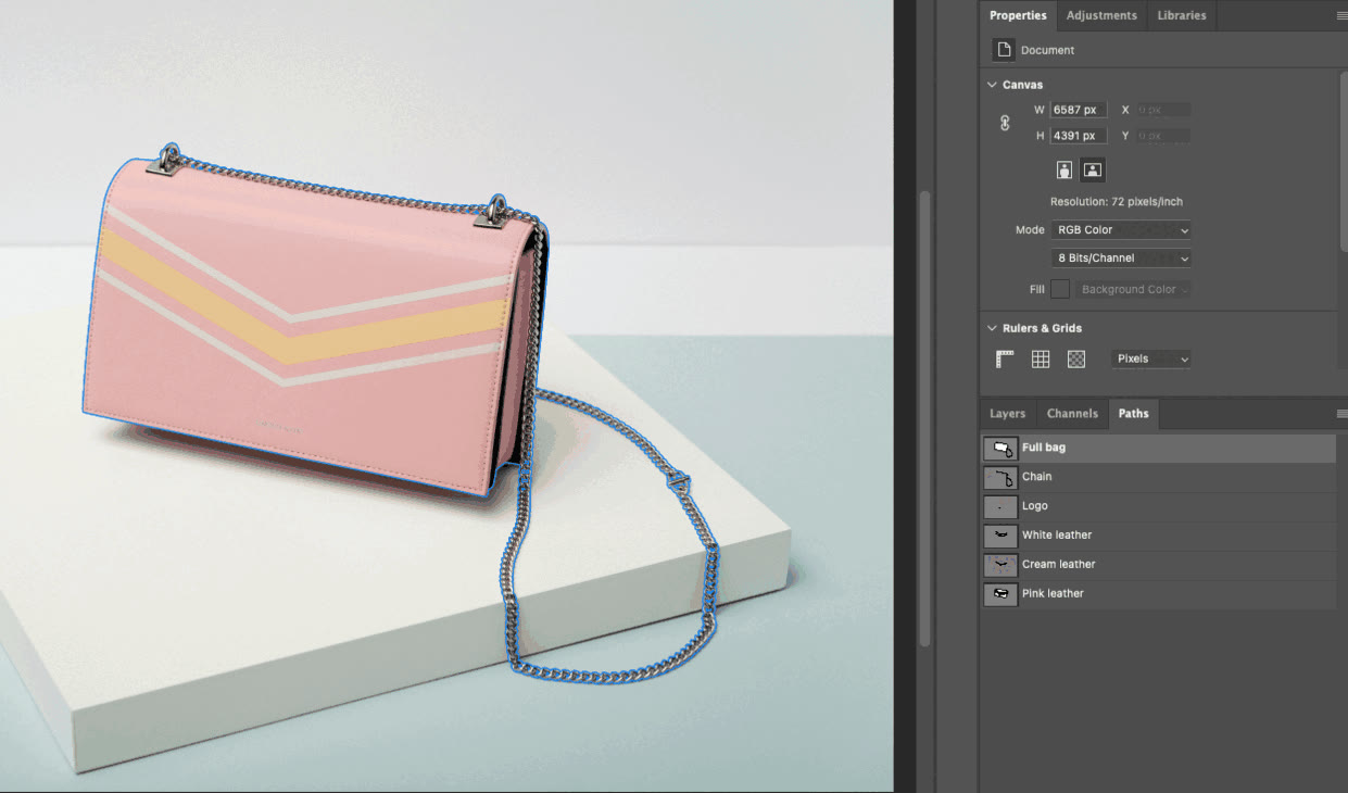 Photoshop Paths panel cycling through named component paths of a chain-flap bag, then each section recolored independently